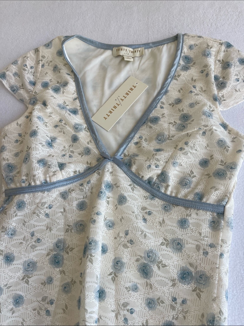 Thirty/Thirty Cream Blue Floral Mesh V Neck Top Size Small NWT Coquette Y2K - Picture 2 of 5